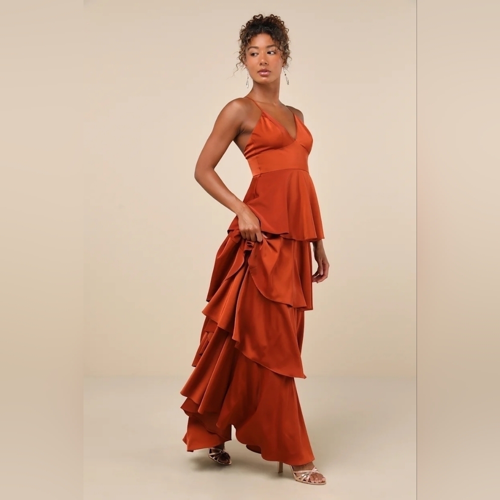 Lulus Going with Elegance Rust Brown Satin Tiered Gown Wedding Party Formal - Picture 4 of 9